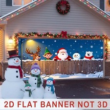 2D Flat, Large 1-Panel Santa Claus & Elves Winter Scene Garage Curtain - 157.5x7