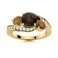 925 Sterling Silver Gold Plated Three Stone Round Smoky Quartz  Brown Cz Ring