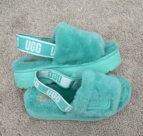 UGG Fluff Yeah Teal Platform Fur Slip On Open Toe Women’s Slippers US 7