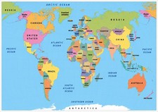 A4 Laminated Multicoloured World Map Poster, Horizontal Travel Wall Print