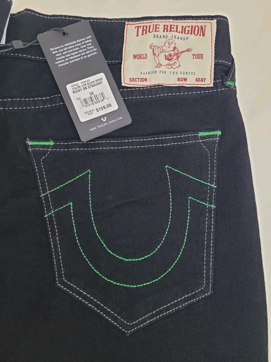 NWT True Religion Ricky SN Straight Jeans Men's 36x34 Black Green