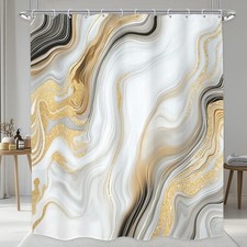 Abstract Marble Shower Curtain Bathroom Set 60Wx71H Inches Golden Crack Ink