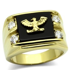 Men's Eagle Ring, Black CZ, 14K Gold Plated, Stainless Steel, Statement Ring