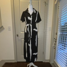 Black White Abstract Shirt Dress Collared Button Short Sleeve with Belt