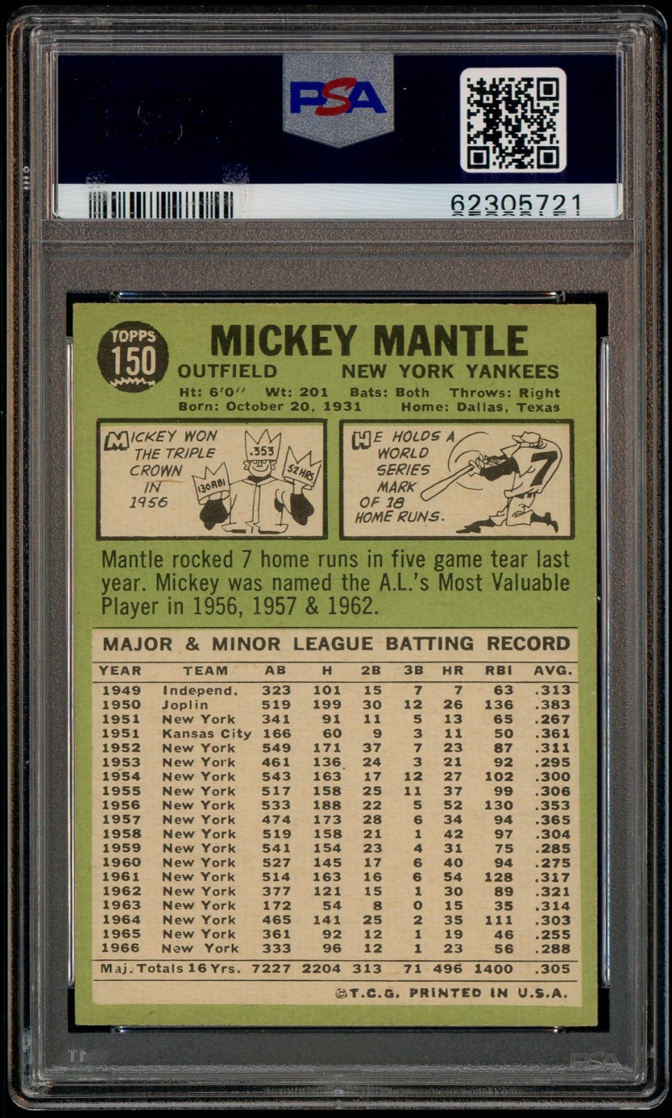 1967 Topps #150 Mickey Mantle New York Yankees HOF PSA 6.5 " LOOKS NICER " view 2