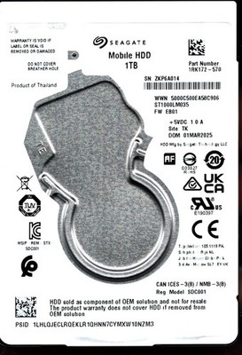 ST1000LM035 P/N: 1RK172-570 F/W: EB01 S/N: ZKP6A 1TB MAR 2025 THAILAND SEAGATE