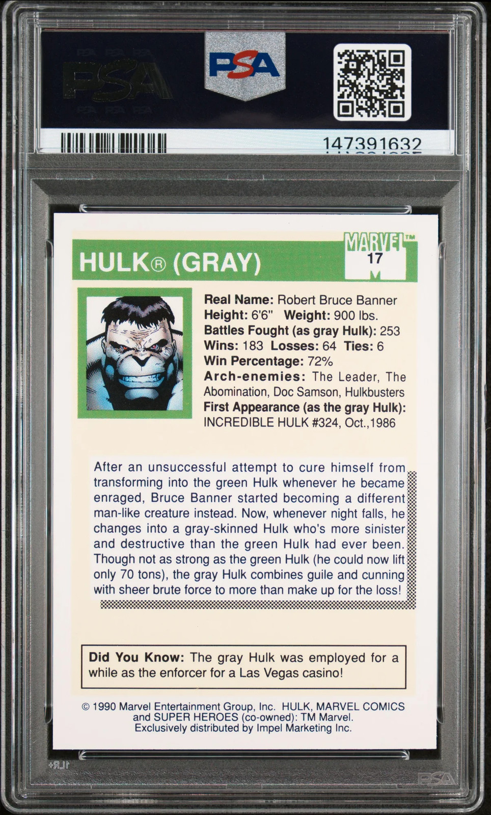 1990 Marvel Universe Hulk (Gray) #17 PSA 9 view 2