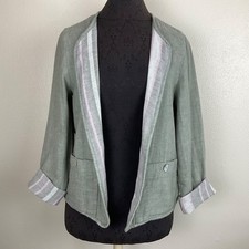 Tahari Linen Cotton Gauzy Sage Open Blazer Stripe Lining MOP Button Earthy Lagen
