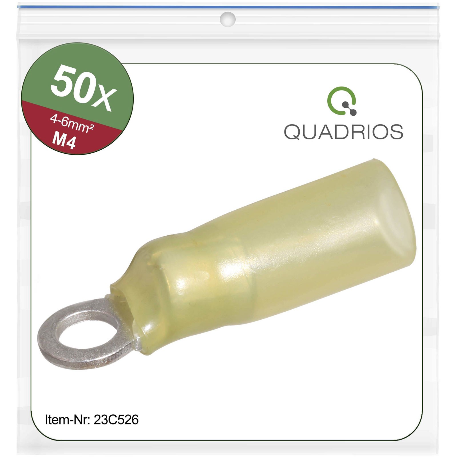 Quadrios Ring Terminal 6mm² Hole Ø4.3mm 50 pcs Heat Shrink Yellow