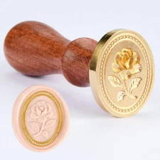 Wax Seal Stamp - Embossed Rose Flower, Oval Brass Head with Wooden Handle
