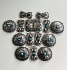 RARE Harry Morgan Navajo Sterling Silver Turquoise Stamped 14 Concho Belt 377.2g