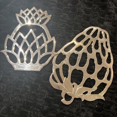 Lot of 2 Vintage Leonard Silverplate Fruit Trivets Pineapple & Pear Made in Ital