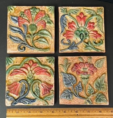 Vintage Hand Glazed Floral Ceramic Wall Tiles Set of 4 Relief Art 4x4