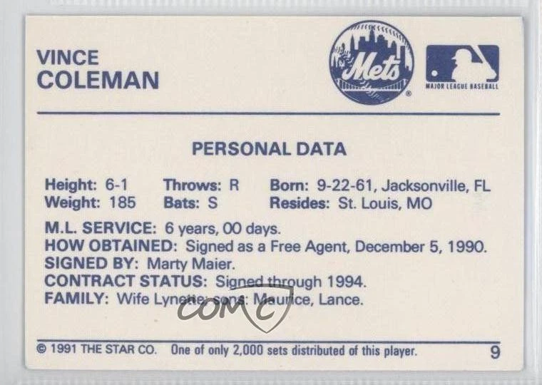 1991 Star Silver /2000 Vince Coleman #9 - Image 2 of 2