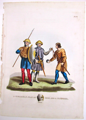 SPEARMAN MAN AT ARMS ANCIENT ARMOUR 1824 HAND COLORED ENGRAVING MEYRICK 1ST ED.