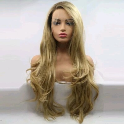 Gold Blonde Ombre Wig HD Front Lace Human Hair Blend Highlights  Wavy Curly
