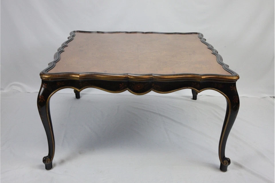 Mesa de centro vintage Hollywood Regency Square Chinoiserie Burl de nogal Foto 4 de 4