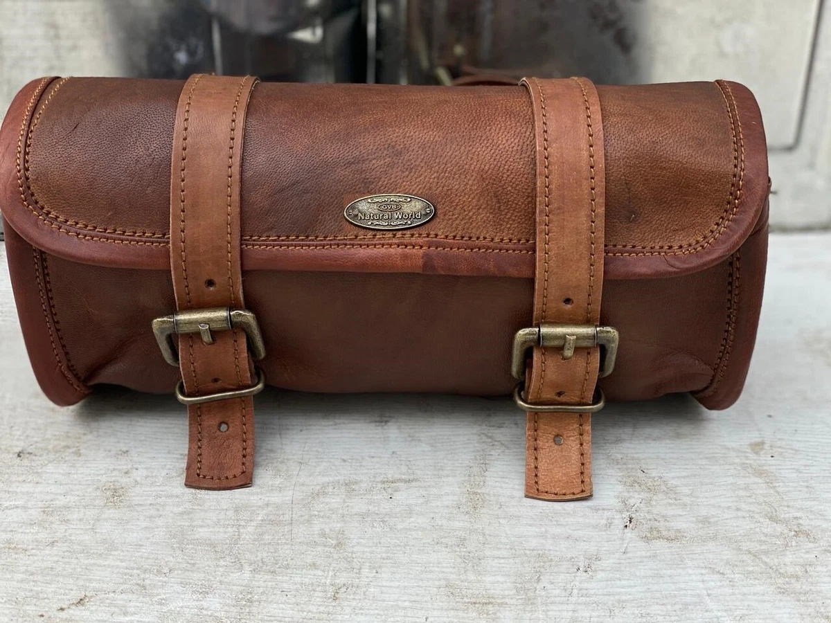 Motorcycle Leather Front Fork Luggage Saddle Bag Storage Side Tool Pouch Brown