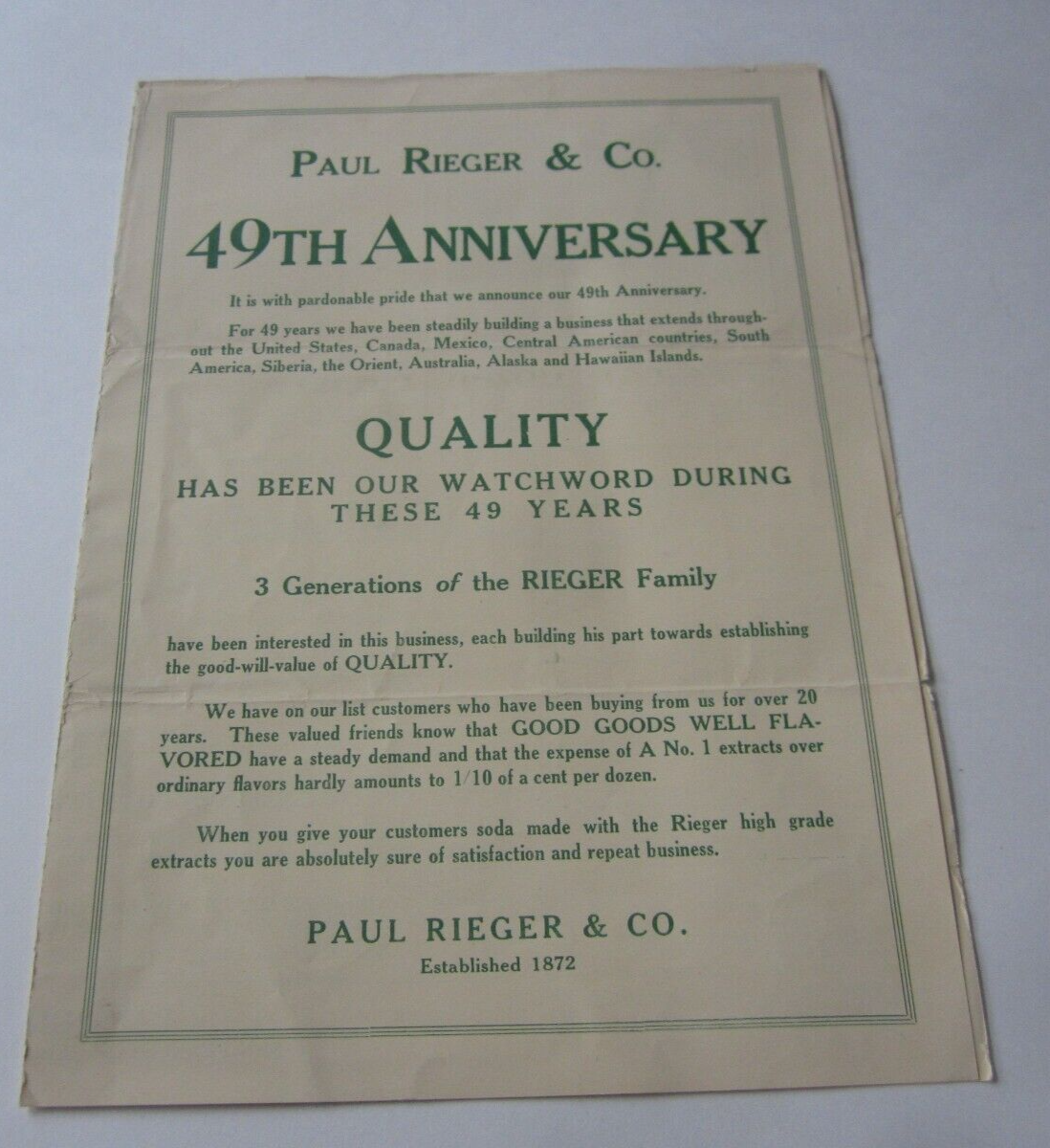 1921 PAUL REIGER SODA EXTRACTS Advertising Brochure San  Francisco