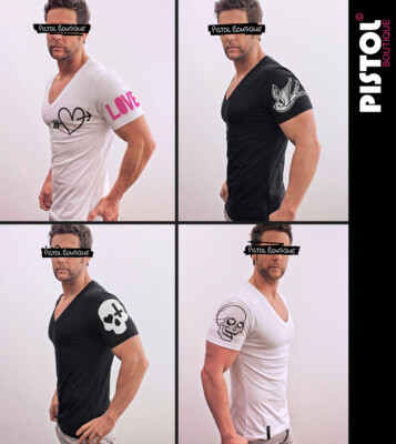 T-shirt Homme Pistol Boutique Noir à Motif Crânes Et Croix - Col V Profond, Coupe Ajustée