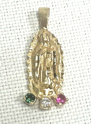 L@@K massiver 14K Gelbgold Dame von Guadalupe Anhänger Charm mit 3 Steinen Unikat!