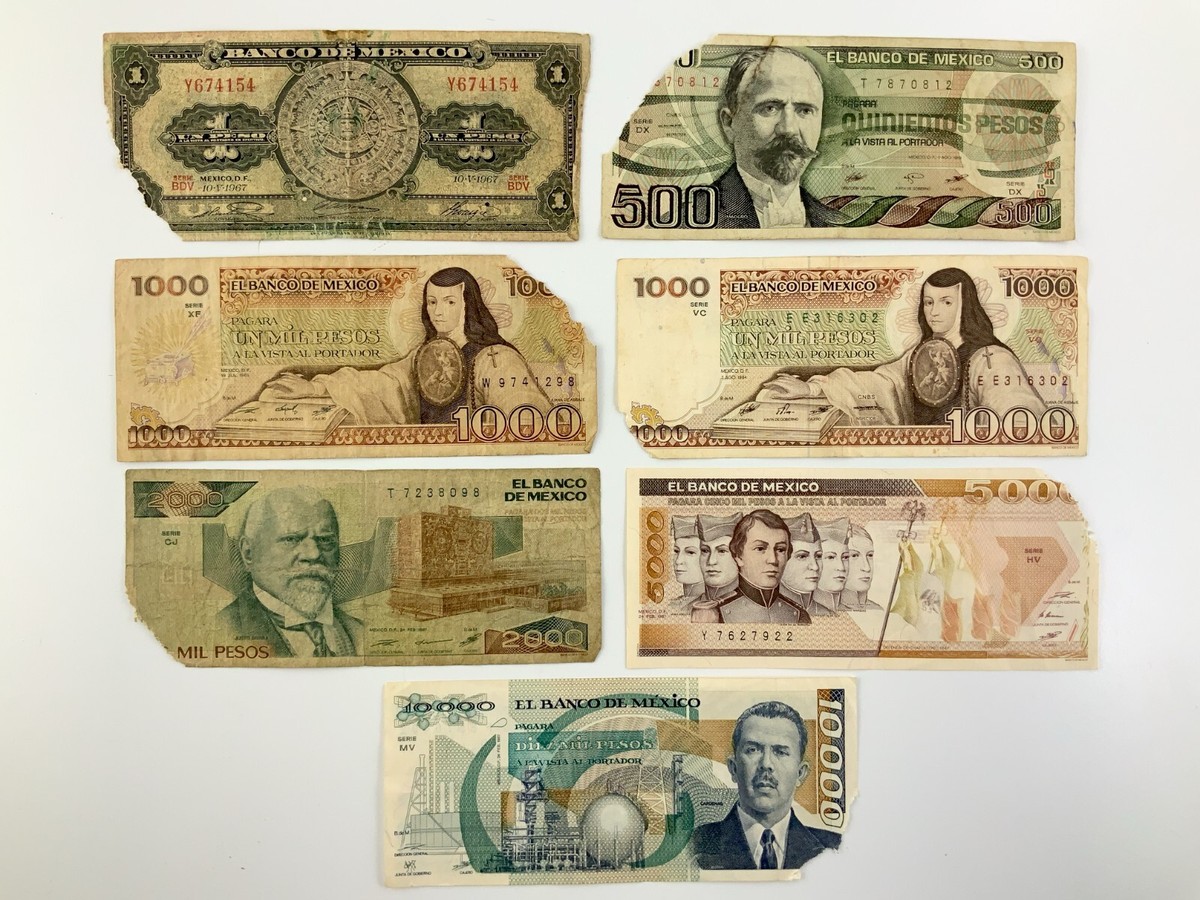 Lot of 7 Mexico Banknotes Circulated El Banco De Mexico Pesos