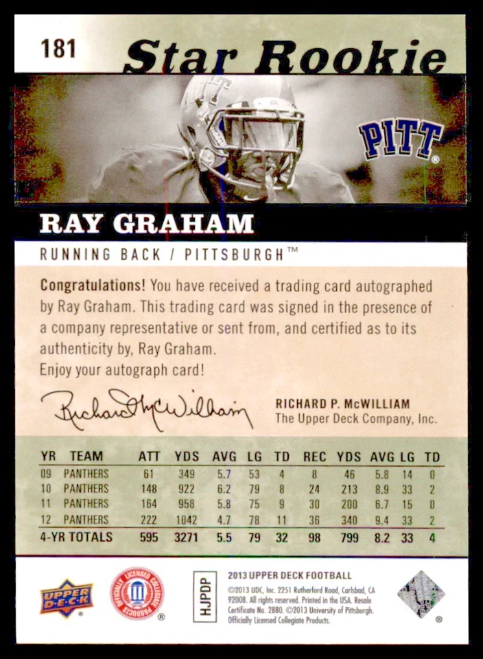 2013 Upper Deck Star Rookie Ray Graham #181 Auto (AU, RC) #1/15 Made Pittsburgh - Image 2 of 2