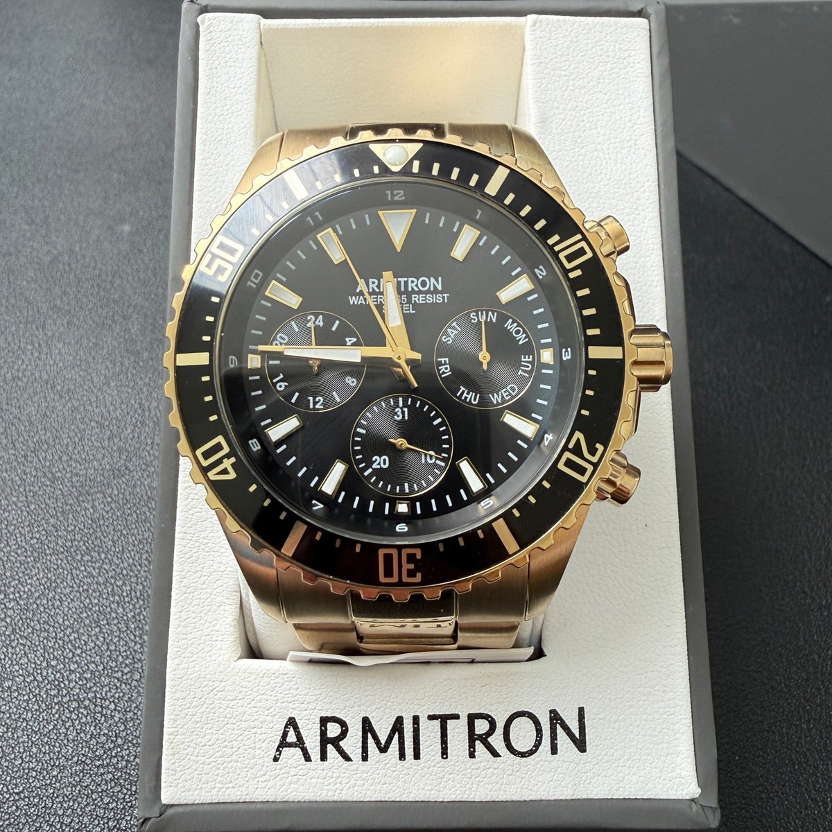 Armitron 20/5351GP Men's Black Dial Multifunction Gold Tone