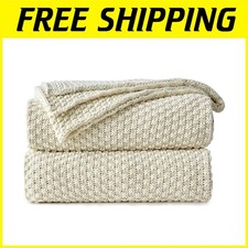 Beige Cable Knit Blanket, 100 Cotton, 60x80 Inches