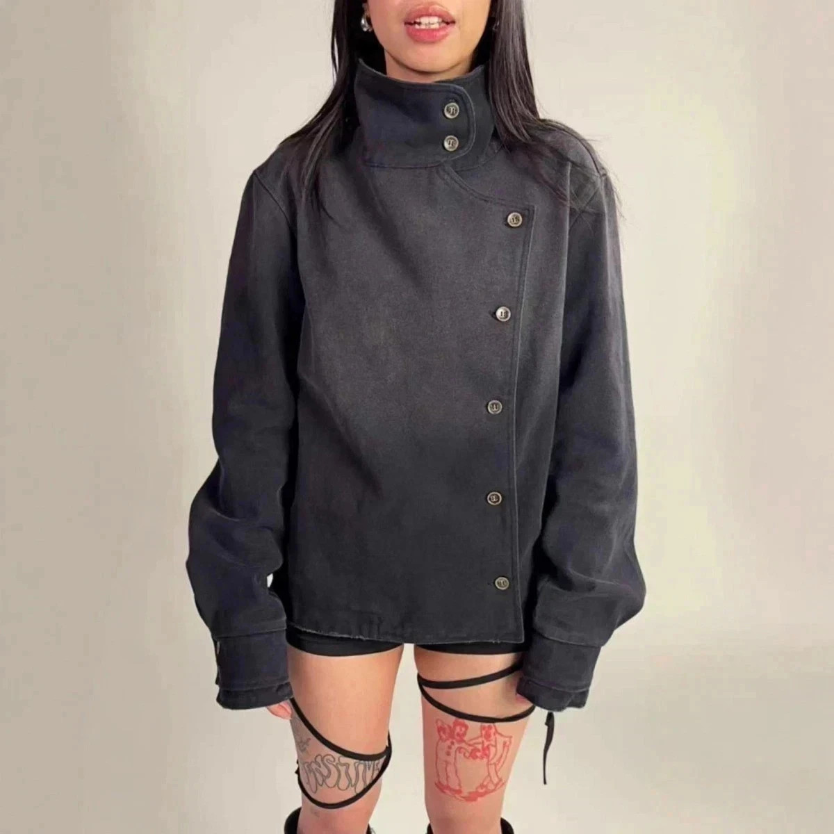 Black Denim Fencing Mock Neck Jacket High Collar Side Button