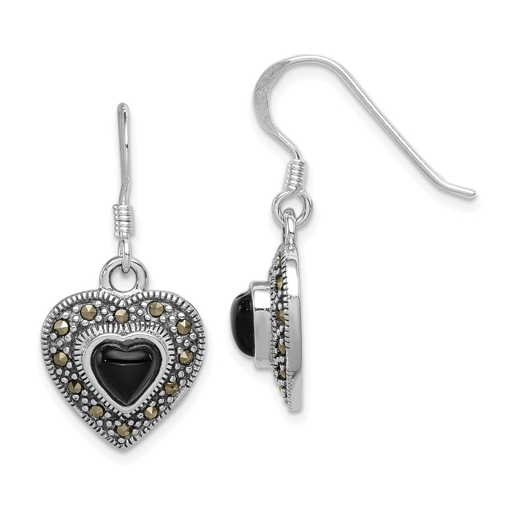 Sterling Silver Antiqued Onyx & Marcasite Heart Drop & Dangle Earrings 2.6gm