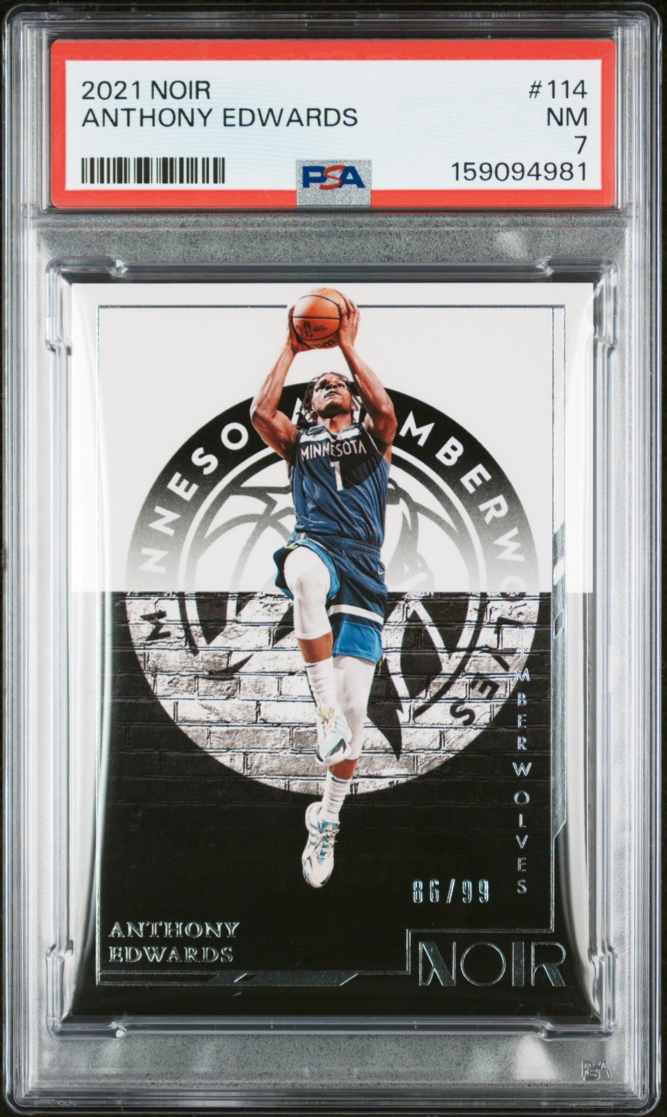 2021 PANINI NOIR #114 ANTHONY EDWARDS 86/99 PSA 7