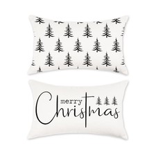 Merry Christmas Pillow Covers 12x20 Inch Set of 2 Xmas Black Tree Decorative