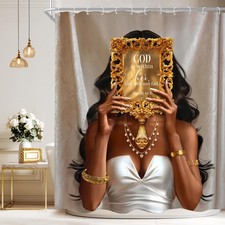 African American Black Girls Golden Mirrow Afro Bathroom Shower Curtain Set
