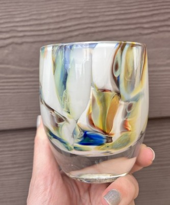 Classical Glassybaby - Yellow White Blue Brown Votive Holder - Damaged Sticker