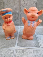 Vintage Rubber Squeak Toys Sun Rubber 1960 Engineer & Unmarked Lamb Pink