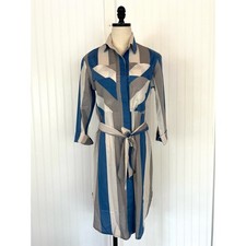 Vintage Shirt Dress Medium Blue & Gray Striped Button-Up Long Casual Waist Tie