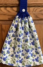 Double hanging kitchen towel fruit blueberries crocheted blue top