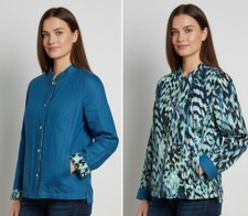 Chicos Jacket Womens L 2 Multicolor Linen Reversible Snap Front Animal Print
