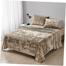 Distressed Velvet Sheet Set, 4 Pieces Ultra Soft, Warm Queen Khaki