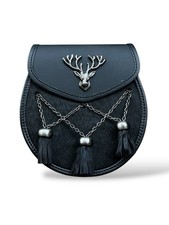 Scottish Men's Stag Head Badge Black Kilt Sporran 3 Tassels Chain