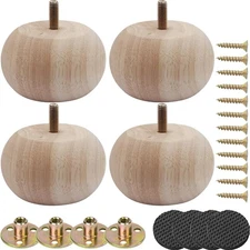 2 Inch Solid Oak Wood Bun Feet, Set of 4 - Unfinished Round Furniture Legs fo...