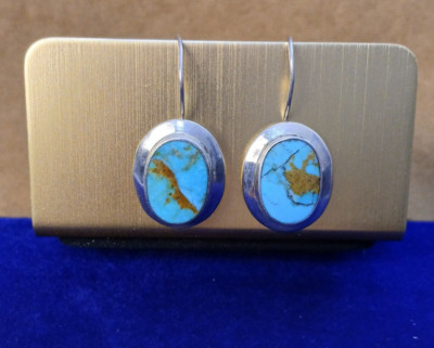 Vintage Turquoise Oval Sterling Silver BOMA Wire Earrings ~ 5.5g - 1.25 hang -