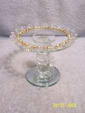 Cake Dessert Pedestal Stand Plate Clear Glass With Faux Gold  Crystals 6.5" X5"