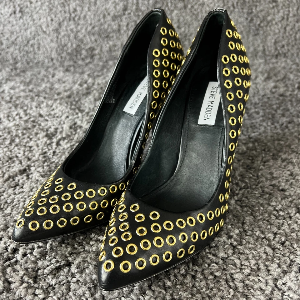 Steve Madden Heels Womens 9.5M Grommit Black Gold Leather Shoes Pumps Slip On - Image 2 of 4