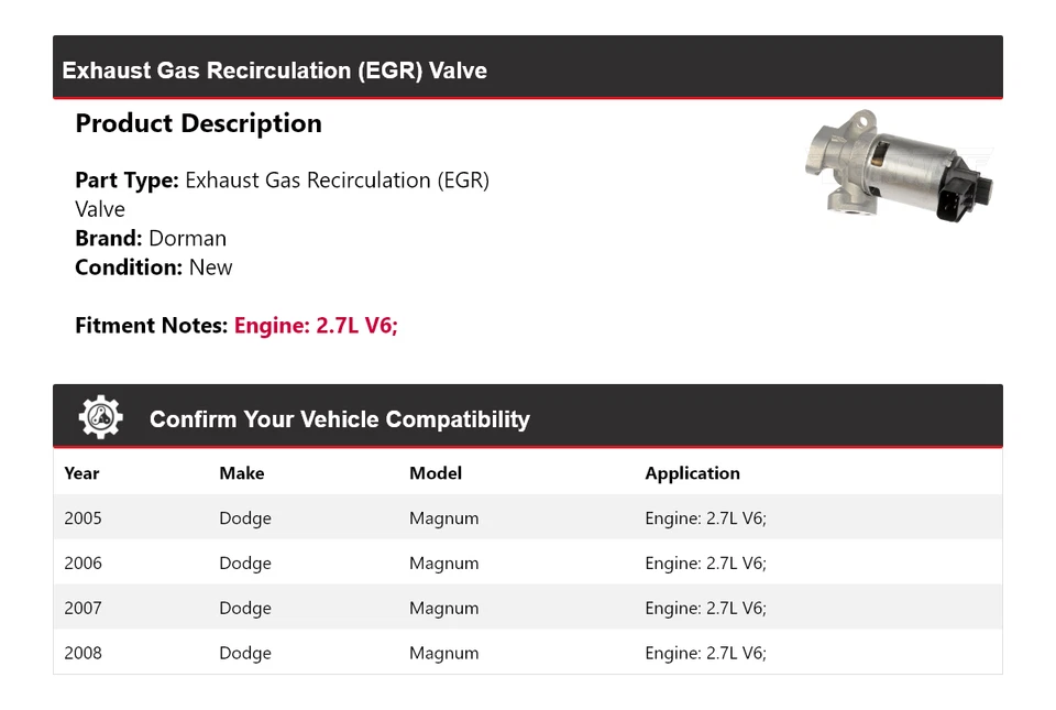 Клапан рециркуляции выхлопных газов (EGR) для Dodge Magnum 2,7 л V6 Dorman 2005-2008 годов выпуска - Изображение 2 из 4