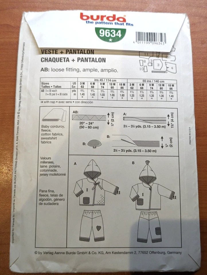 BURDA EASY Kids 9634 Toddler Unisex 3m-18m Jacket Coat Pants Loose Fitting Uncut - Image 2 of 3