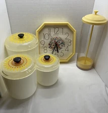Vintage Nesting Acrylic Canisters-Spartus clock- Straw Holder Set Yellow Floral