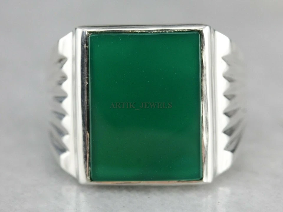 Anello In Argento Sterling 925 Con Gemma Di Onice Verde Naturale Per Uomo #1293 - Immagine 2 di 4