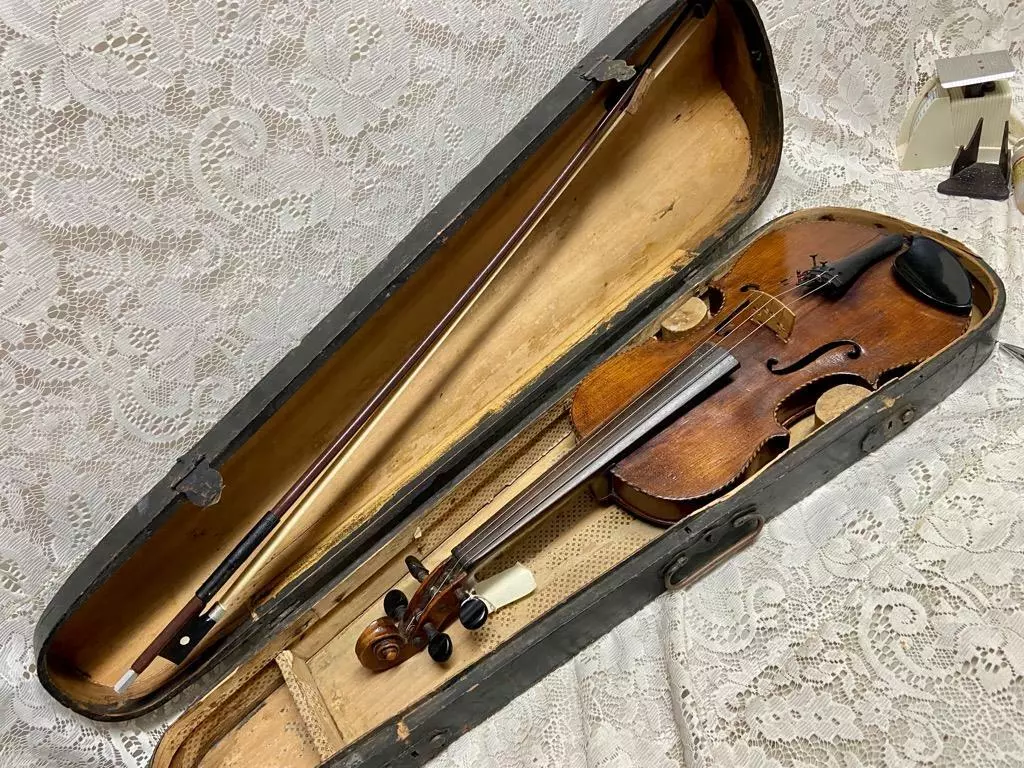 Antique 19th C Handcrafted Violin with Original Wooden Case and